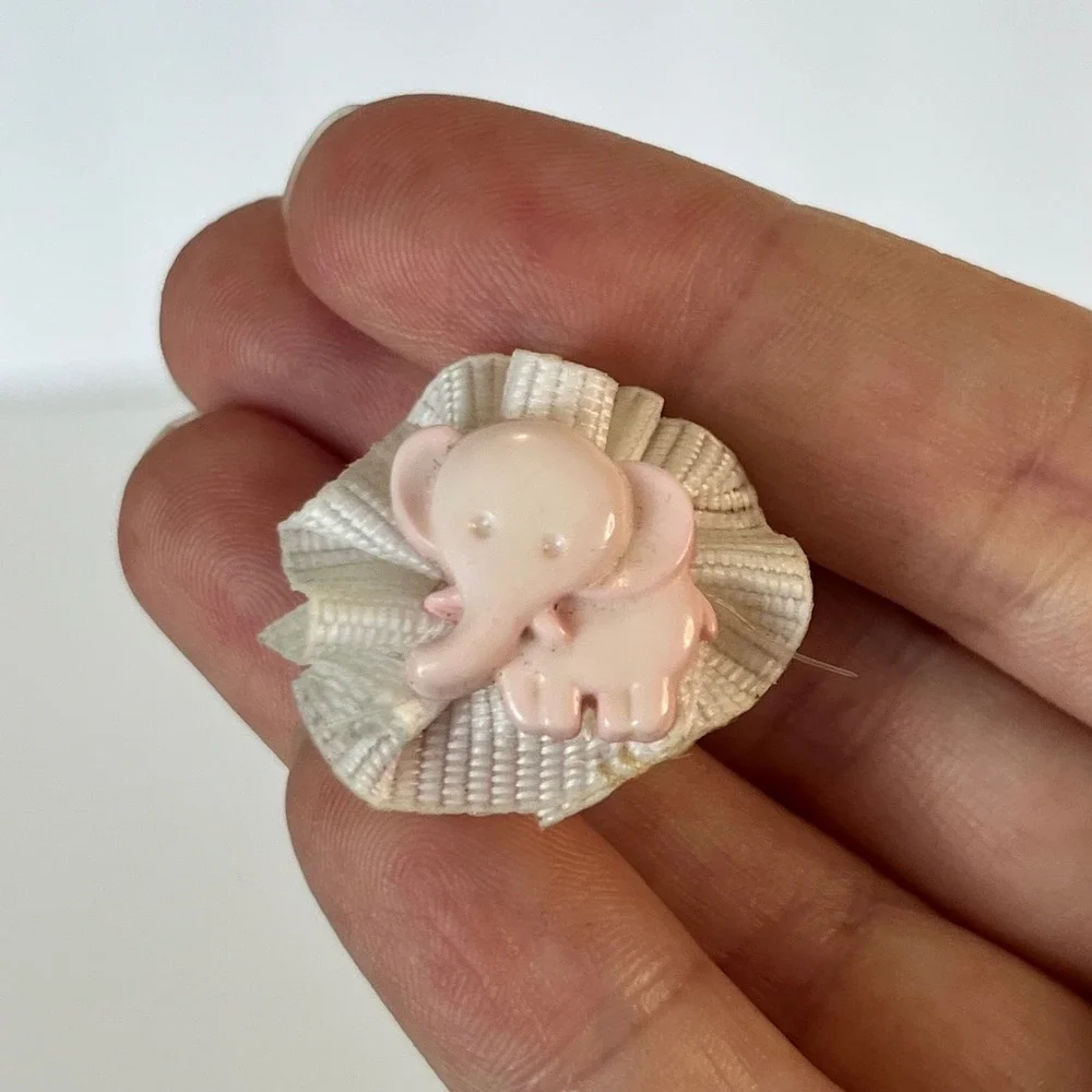 Vintage Pink Elephant Hair Clip White Ribbon Ruffle Plastic Snap Barrette 1 Inch